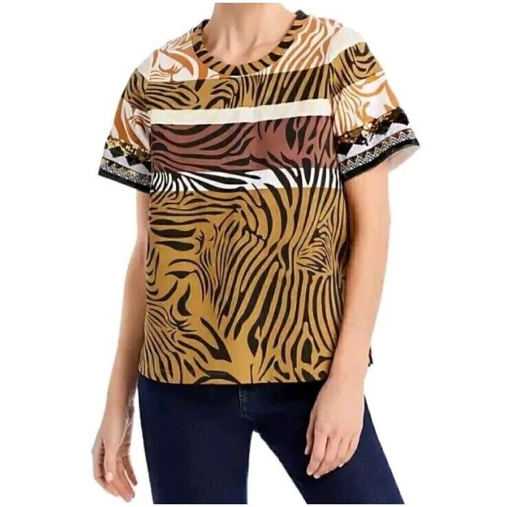 Kobi Halperin Yara Sequined Animal Print Top Tee Women’s Size XS Relaxed Fit